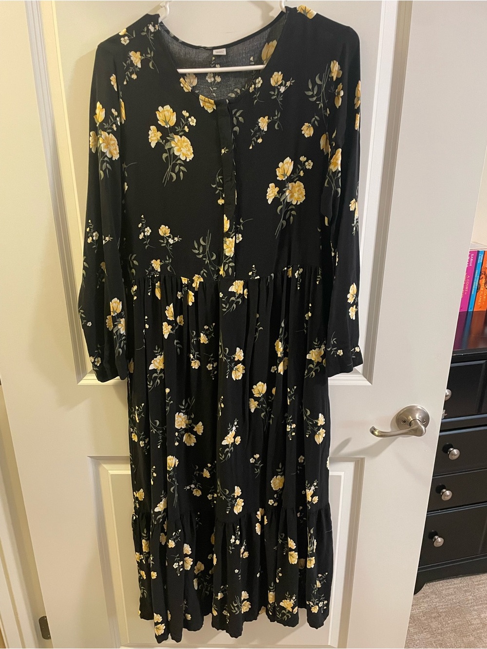 Old Navy - Black & Yellow Floral Long Sleeve Tiered Maxi Dress